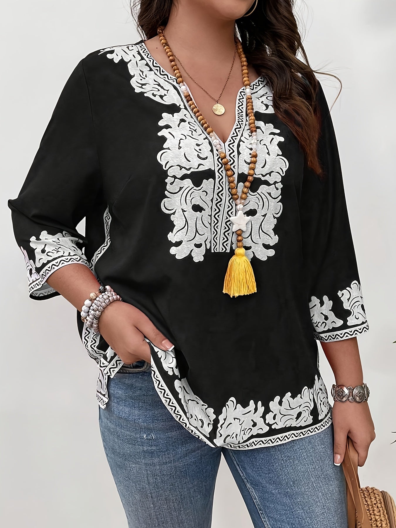 Women's Floral Print V-Neck Long Sleeve Blouse Polyester Spandex Stretchy All-Season