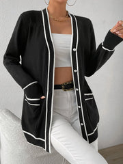 Plus Size Black White Cardigan Sweater with Pearl Buttons for Women
