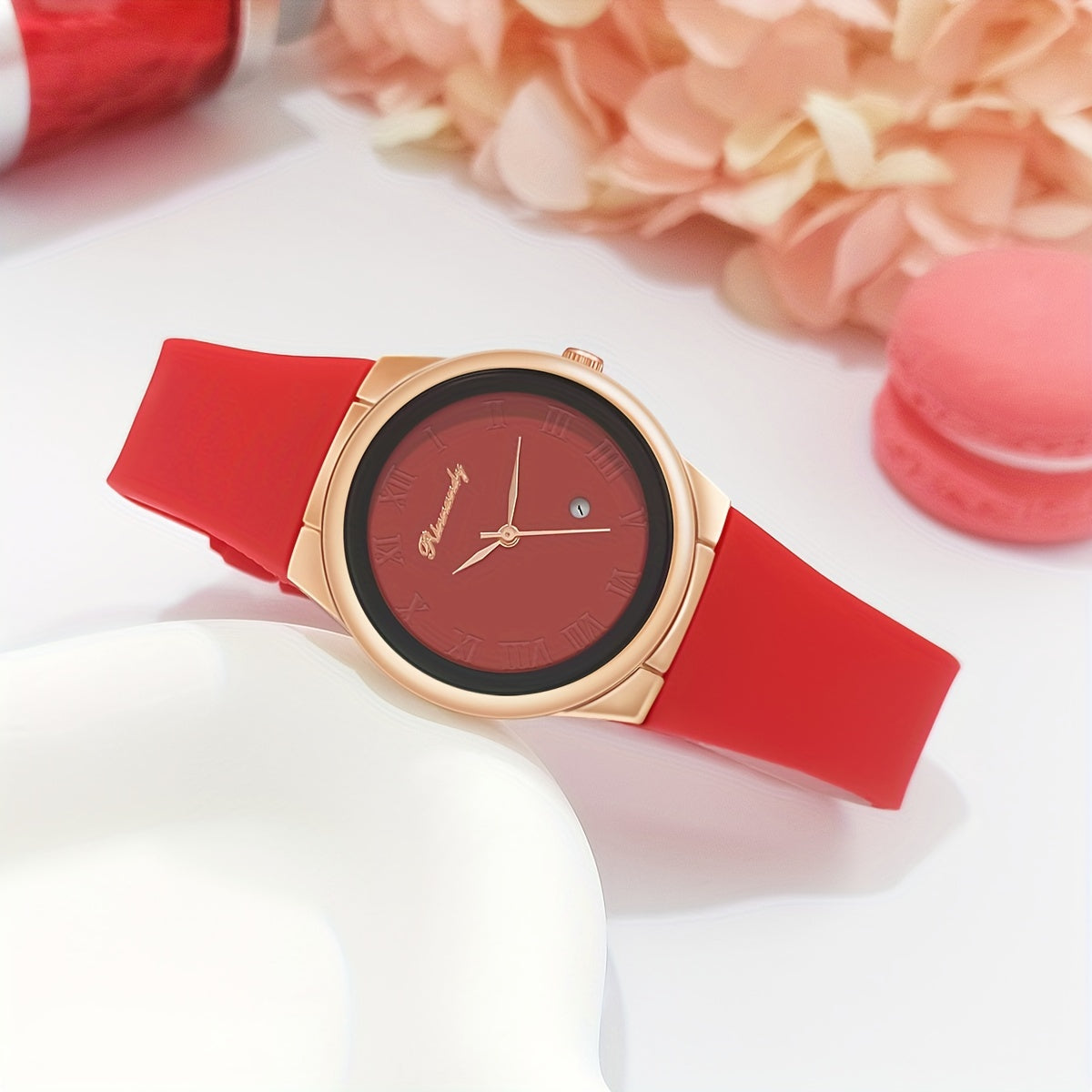 Women Quartz Watch with Silicone Band and Analog Calendar