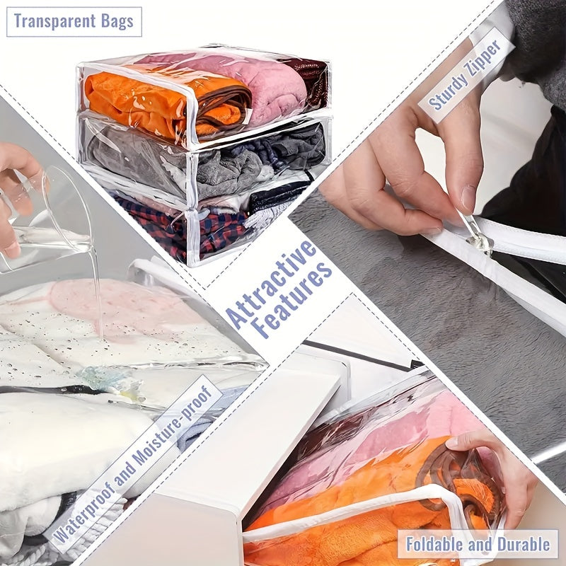 6-Pack Transparent Zippered Storage Bags for Organizing Clothes Bedding and Household Items