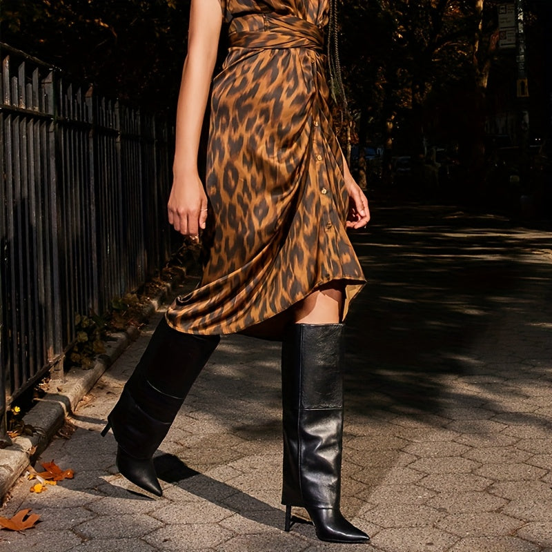 Women's Faux Leather Black Pointed Toe Knee-High Heel Boots for Dress & Casual