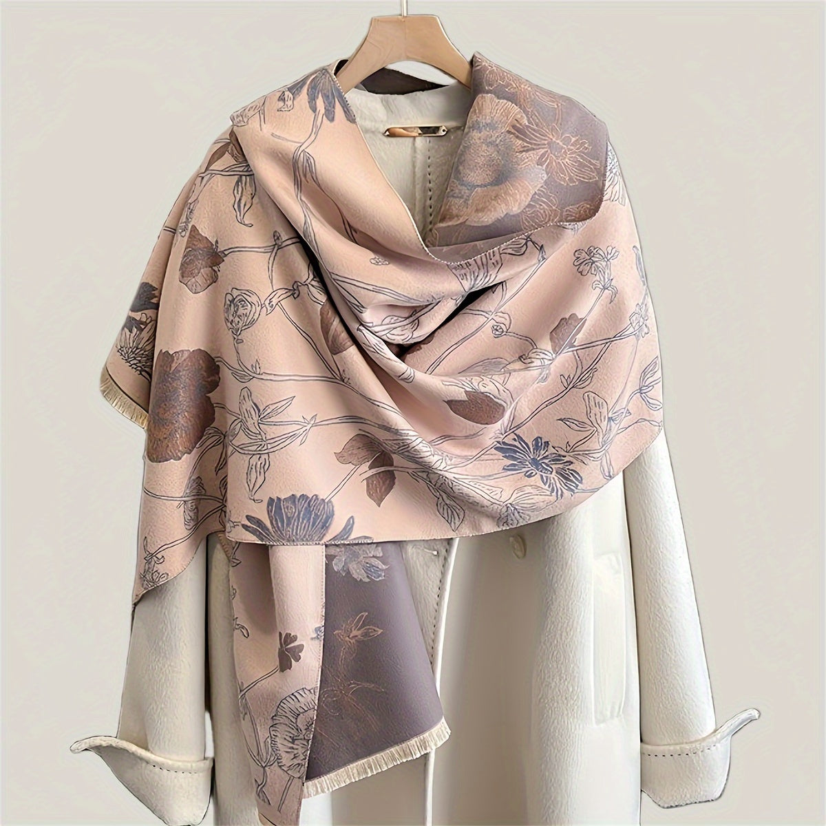 Women’s Warm Imitation Cashmere Scarf with Plant Print for Winter