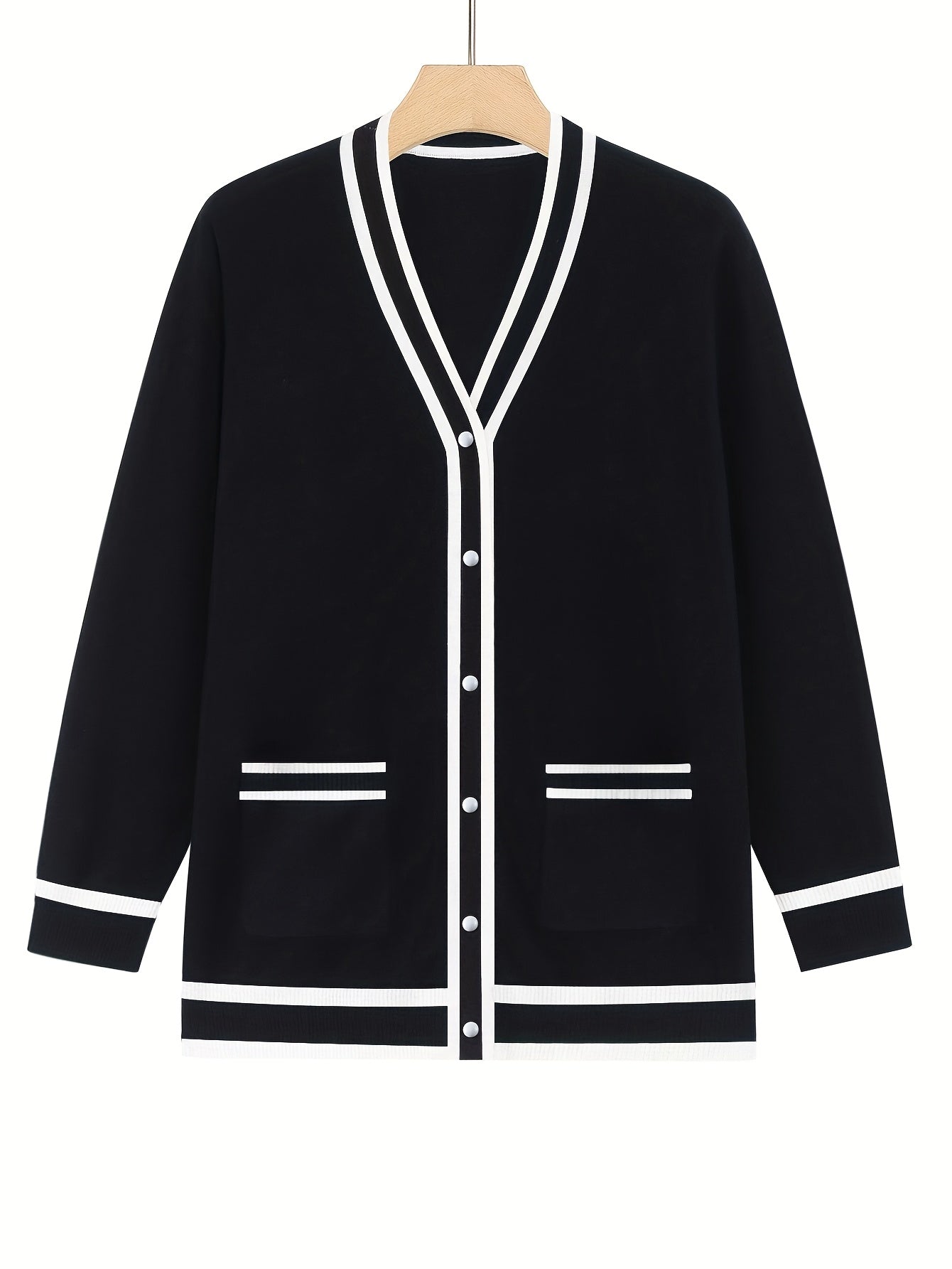 Plus Size Black White Cardigan Sweater with Pearl Buttons for Women