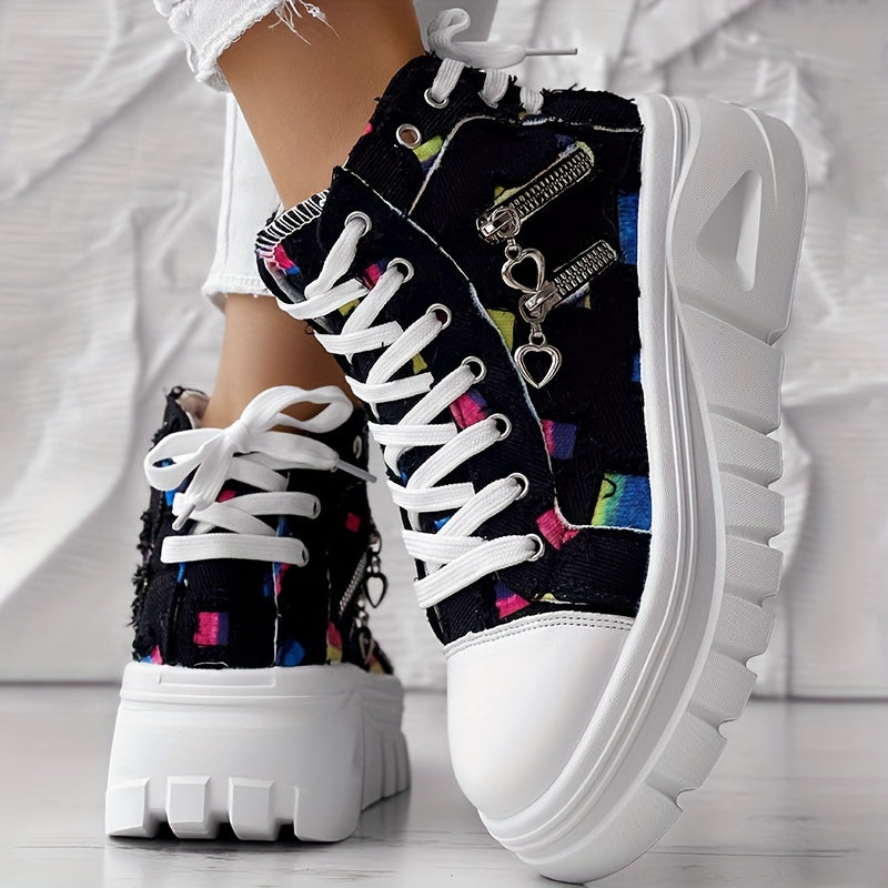 Women's Mid-Top Rainbow Heart Sneakers with Chunky Rubber Sole