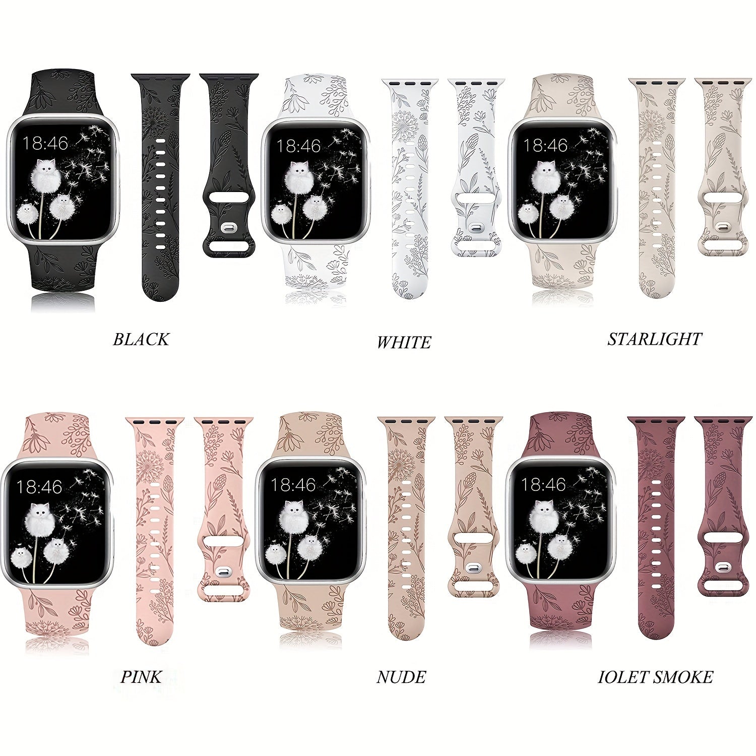 Elegant Floral Silicone Watch Band for Apple Watch Series SE/8/7/6/5/4/3/2/1 Adjustable Skin-Friendly Blue Clasp