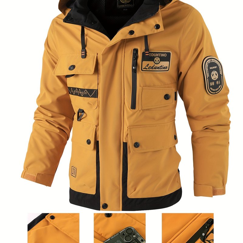 Men's Hooded Windproof Jacket with Detachable Hat Multi-Pocket Cargo Style for Spring and Autumn