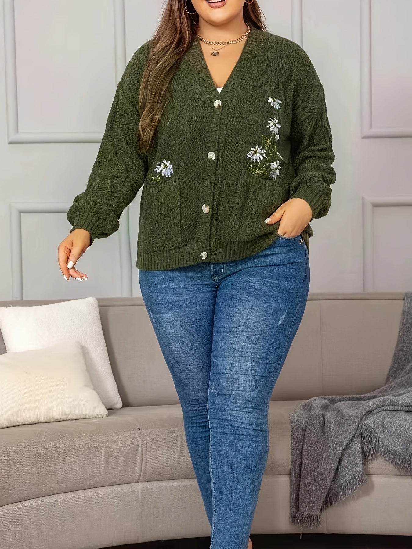 Plus Size Floral Knit Cardigan Womens Long Sleeve Fall Winter Casual
