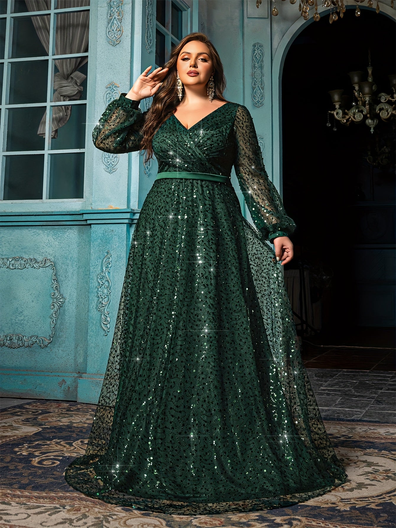 Women Emerald Green Sequin V-Neck Gown with Lantern Sleeves Formal Evening Dress