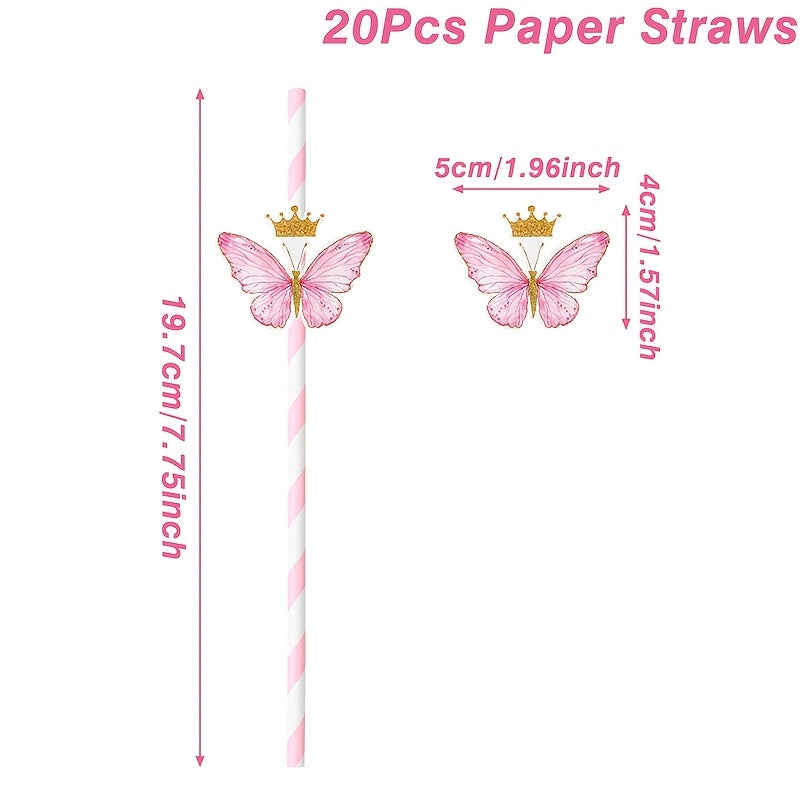 Pink Butterfly Paper Straws for Children's Parties and Celebrations 20 Pack