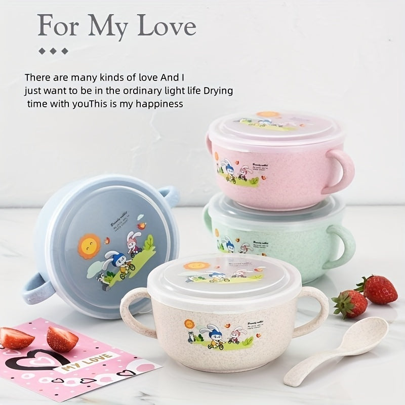 Kids Insulated Cartoon Bowl with Cutlery and Lid for Snacks and Fruits