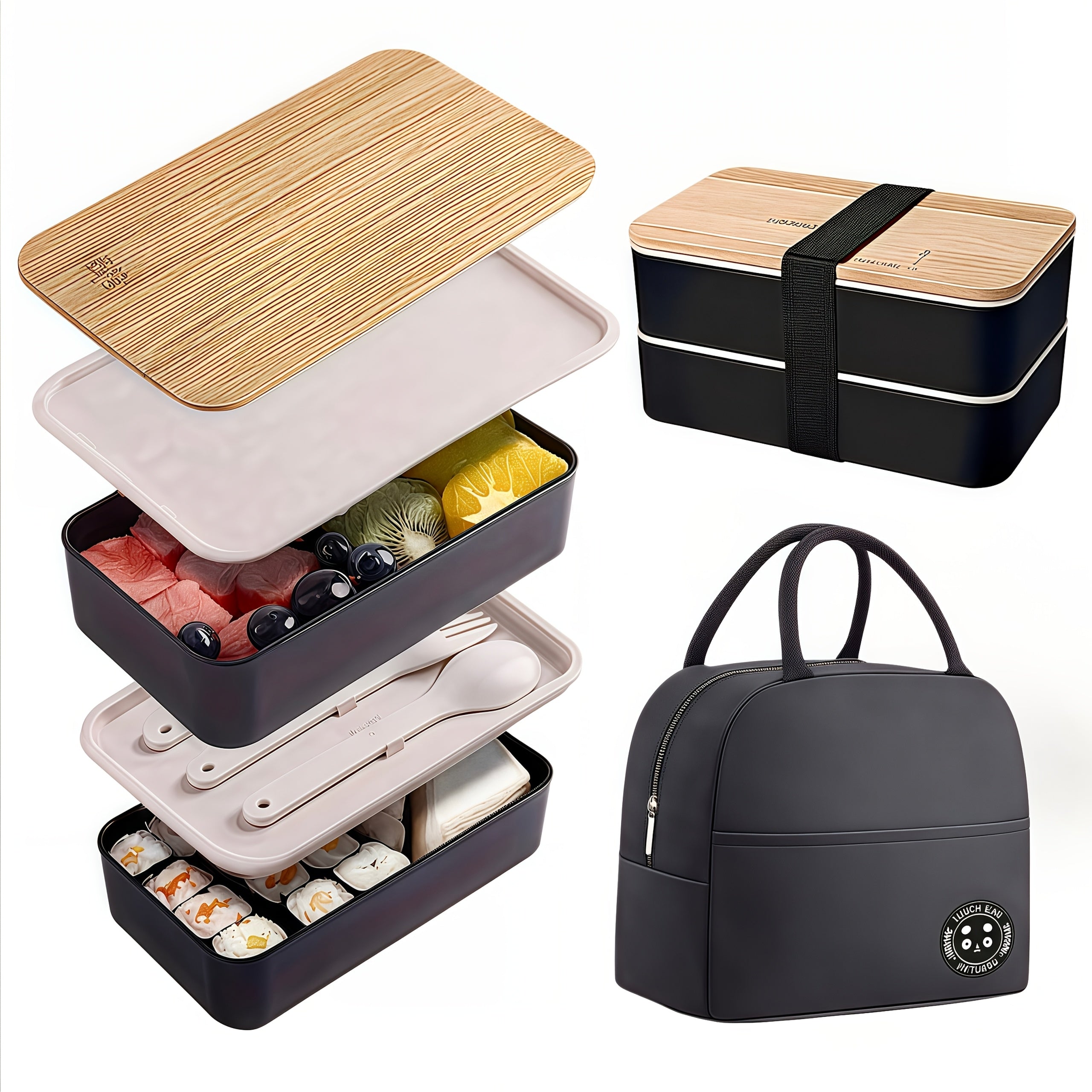Insulated Bento Lunch Box Set with Leakproof Containers, Bamboo Lids, Dividers