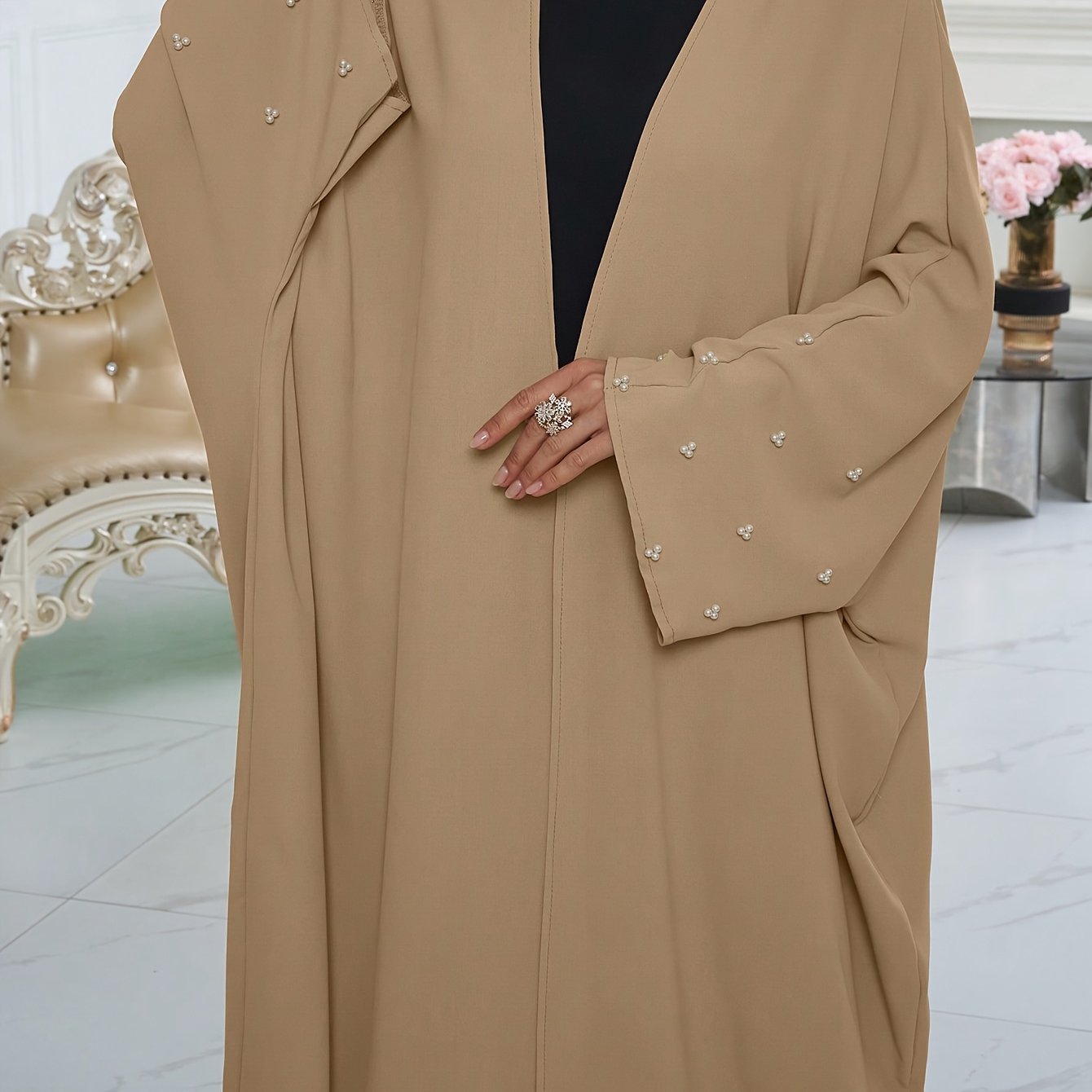 Plus Size Black Abaya With Pearl Embellishments for Women All-Season Kaftan