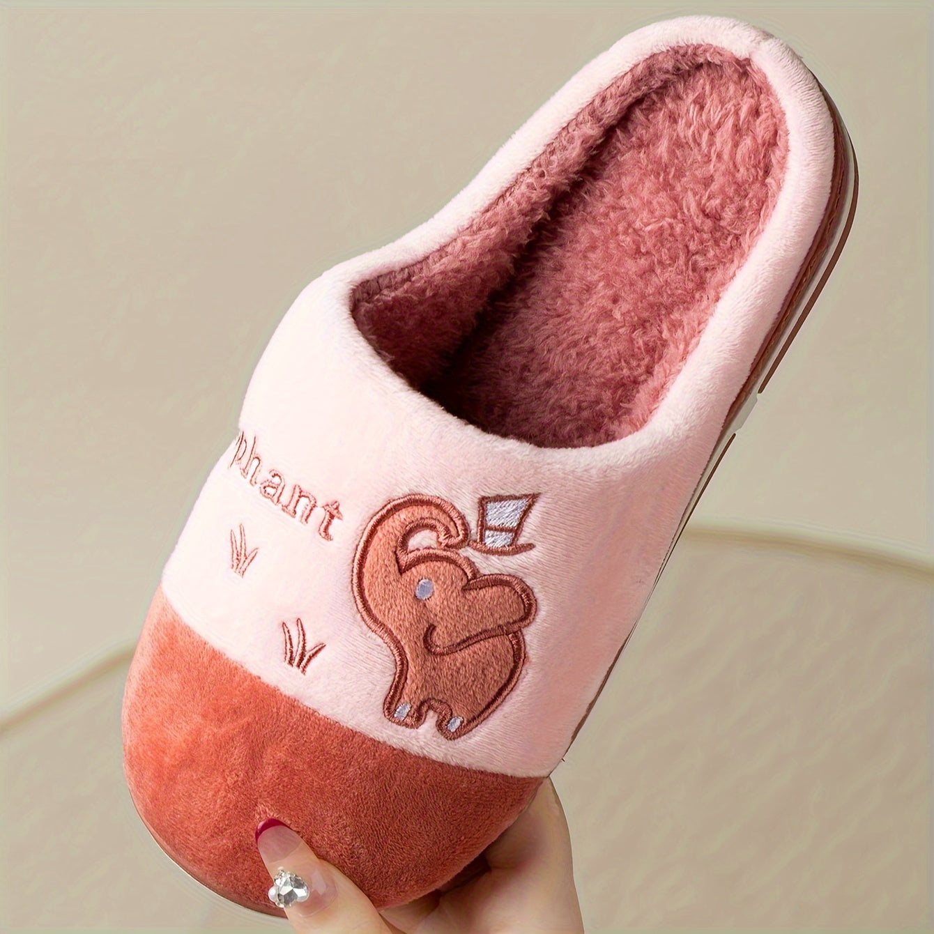 Women's Plush Slip-On Slippers with Elephant Cartoon Soft Fabric Grey Pink