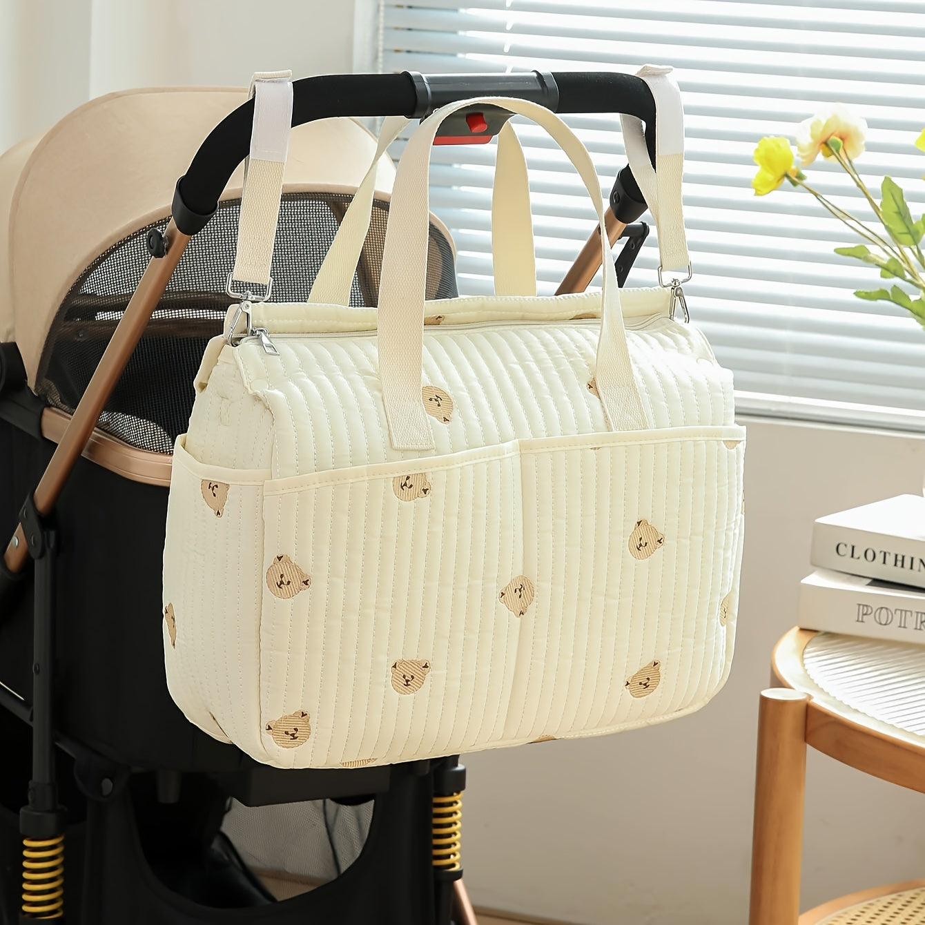 Large Capacity Diaper Bag with Bear Embroidery, Durable Polyester, Multiple Compartments, Adjustable Shoulder Strap