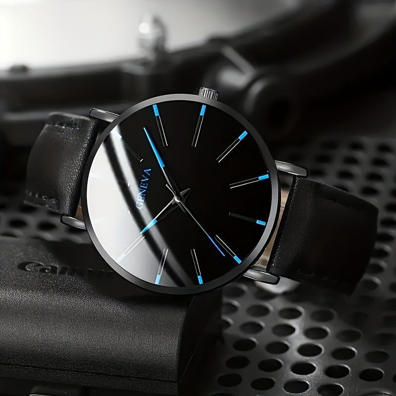 Set of 3 Men's Watches Stylish Round Quartz Wristwatches with PU Leather Straps and Alloy Cases