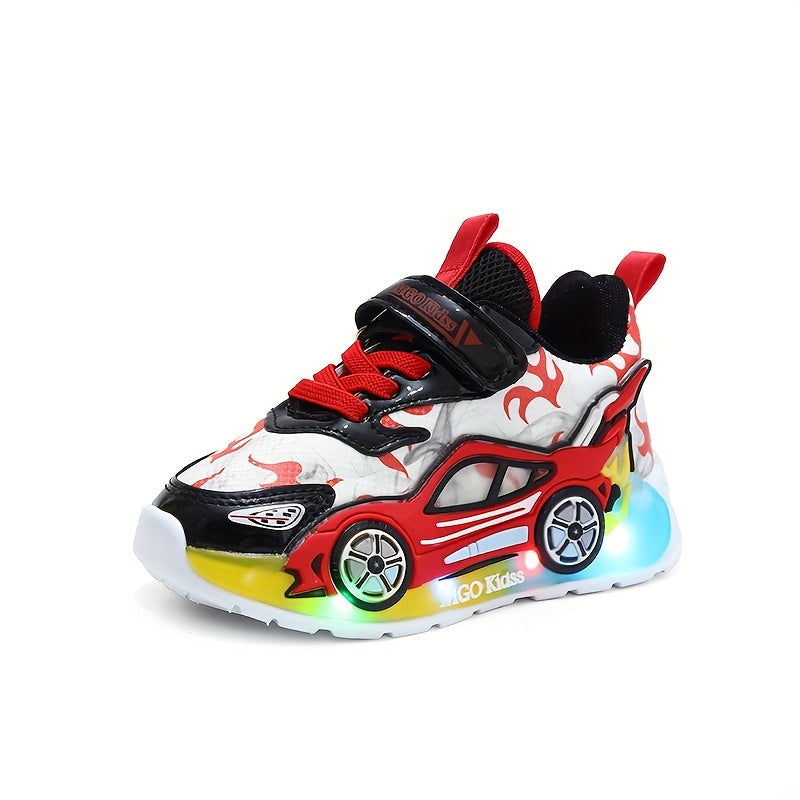 Детские светящиеся кроссовки с дизайном мультяшной машины для мальчиков и девочек, легкие сезонные сетчатые низкие кроссовки для повседневной носки
