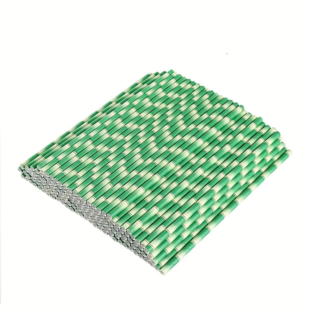 Set of 25 Green Bamboo Paper Straws with Yellow Stripes for Parties and Events