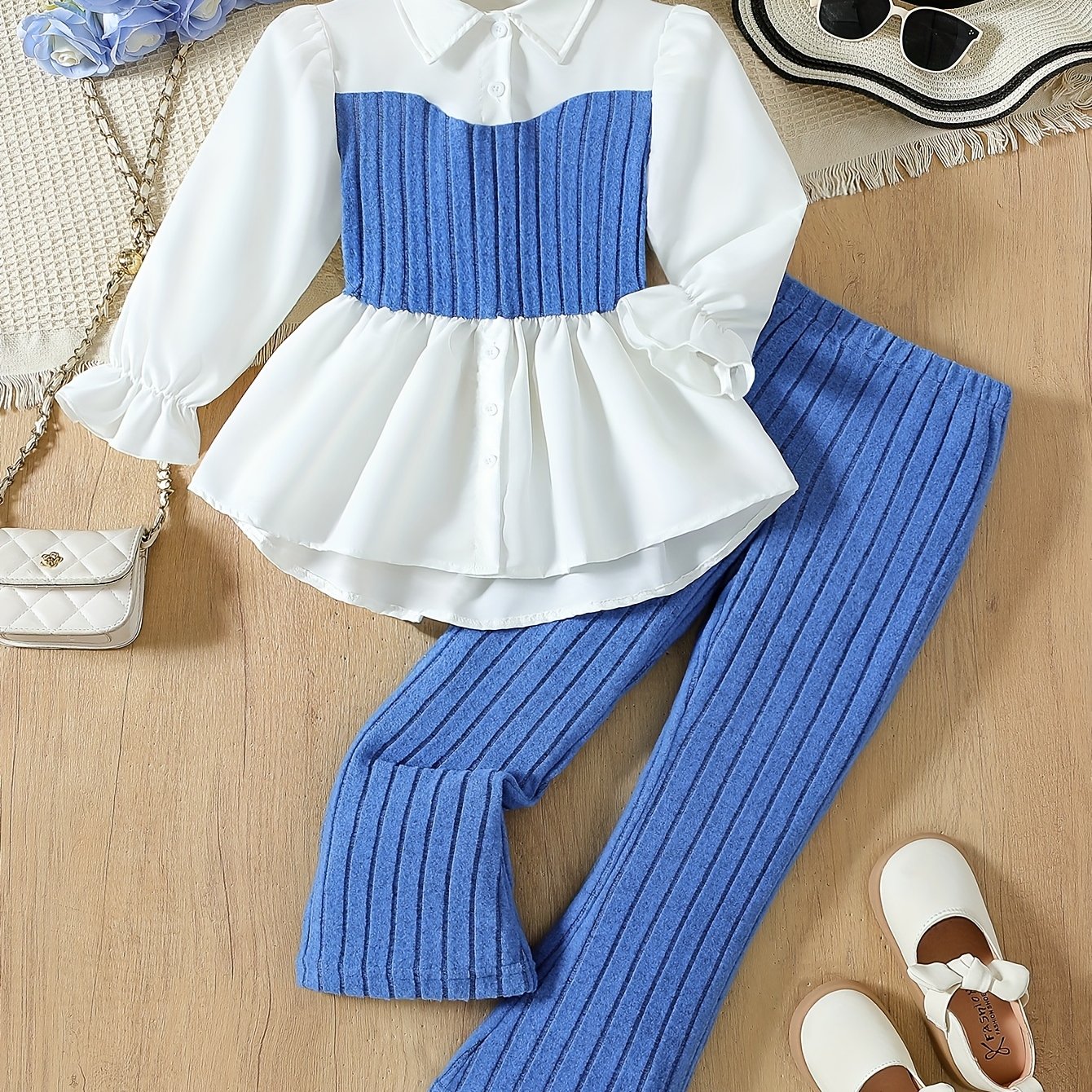 Girls Autumn Two-Piece Set Long Sleeve Collared Shirt and Stretch Pants for Casual and Daily Wear