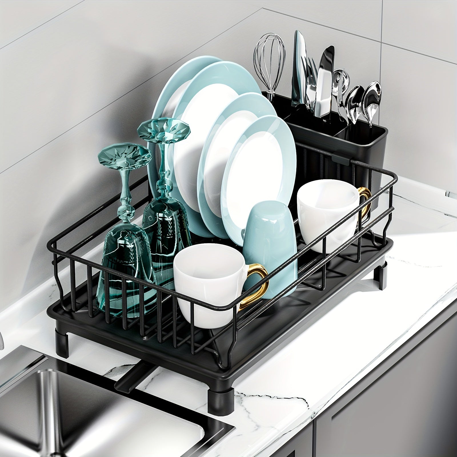 Large Black Dish Drying Rack with Drainboard, Utensil Holder, and Knife Slots