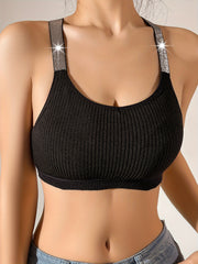 Women's Ribbed Tank Top with Suspender Straps and Glitter Ribbon Patchwork