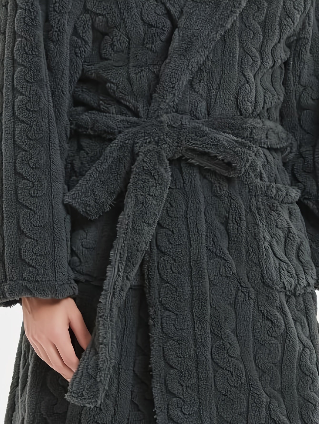 bata de felpa para mujer con capucha, manga larga, cinturón, bolsillos, otoño e invierno, punto, poliéster