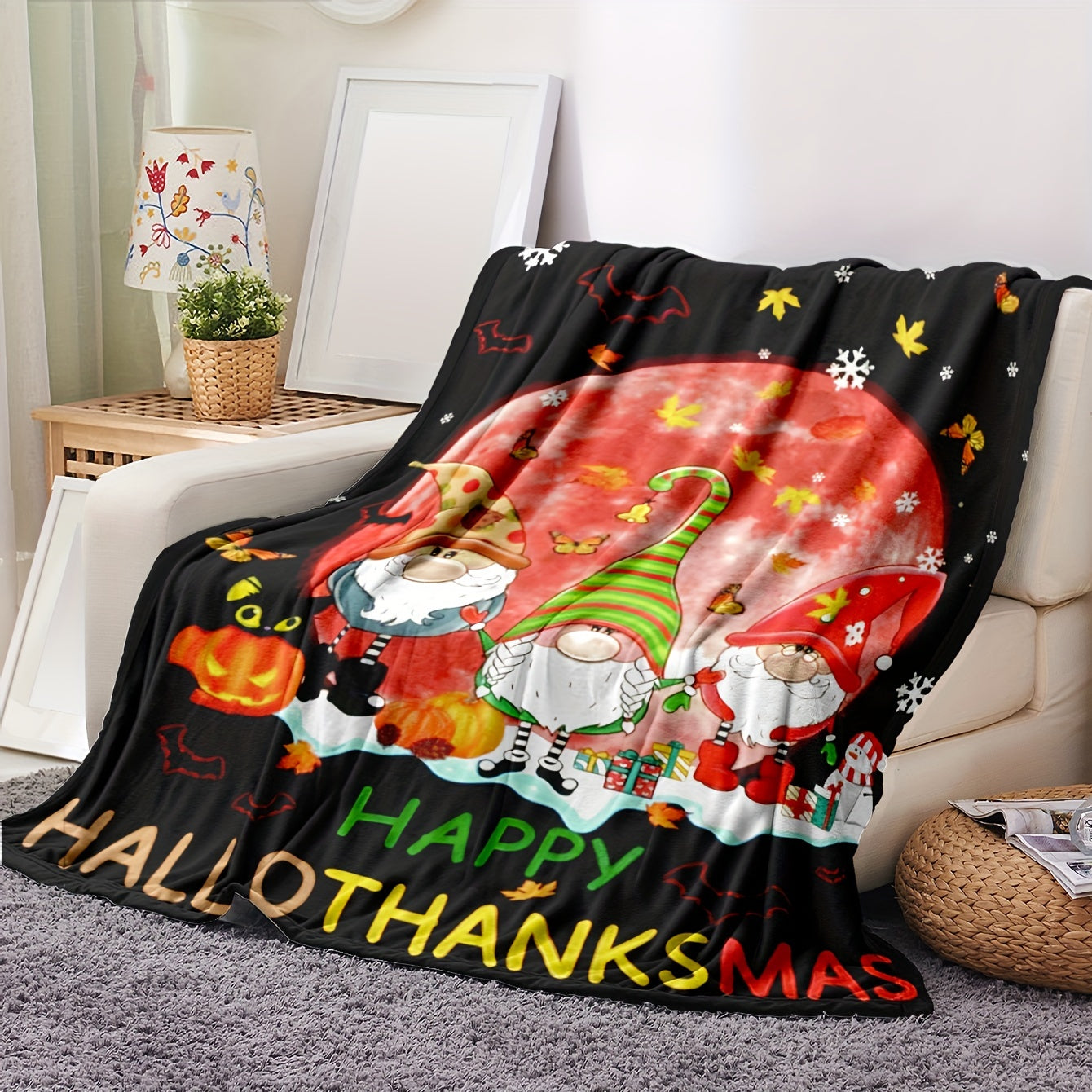 Festive Jolly Gnome Holiday Throw Blanket 127x152 cm Soft Fleece for Home Car Camping