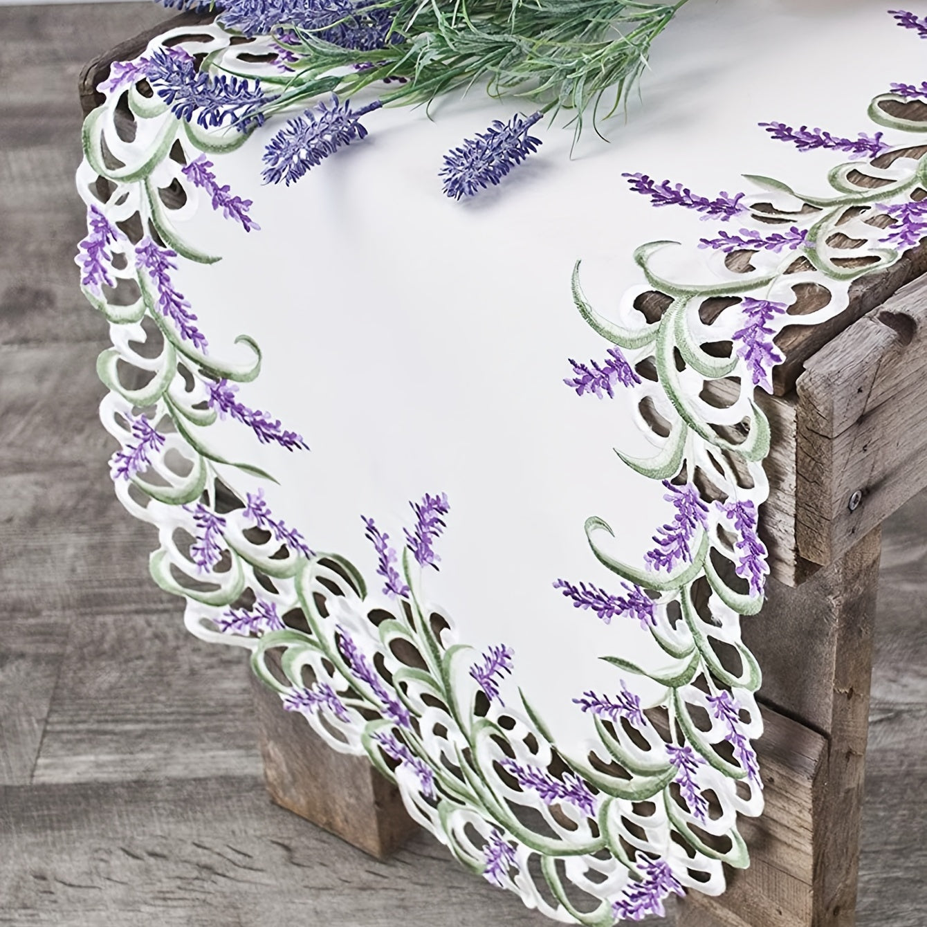 Lavender Lace Embroidered Table Runner Floral Hollow Out Fabric Vintage Elegant Dresser Decor