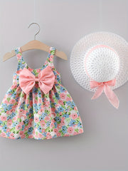 Baby Girls Floral Dress Set Summer Sleeveless Polyester with Hat Ages 0-3