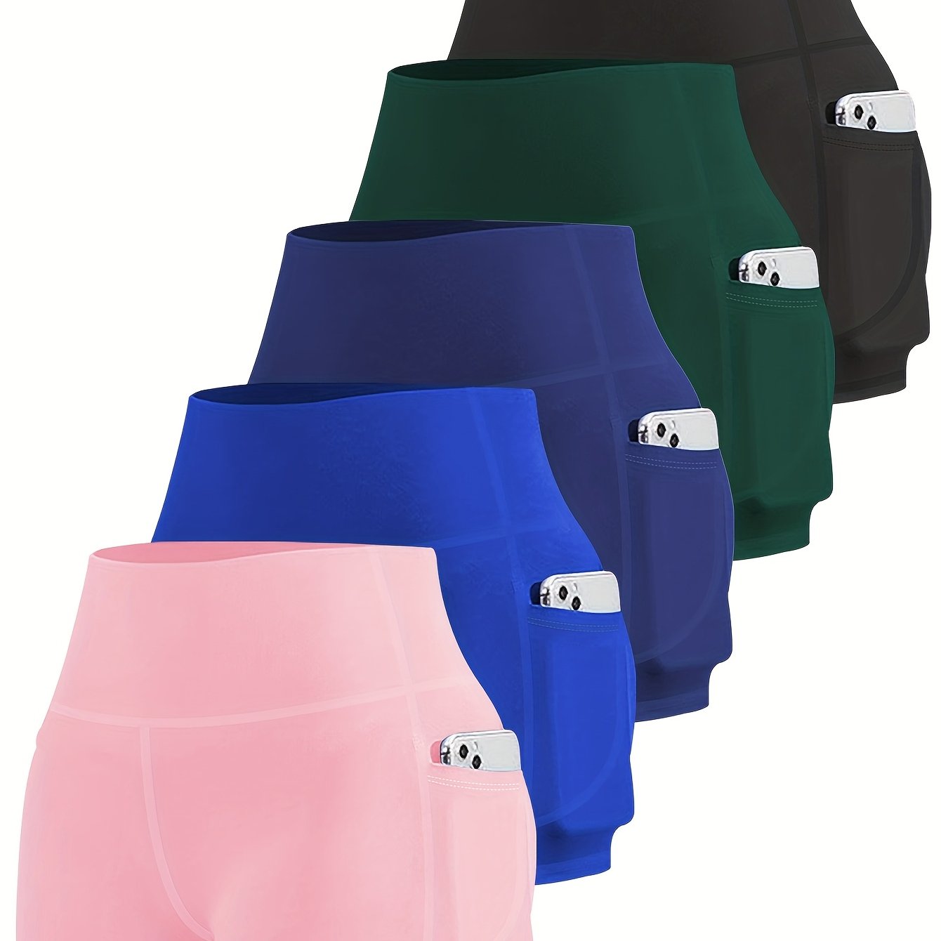 Ayollar uchun kattaroq o'lchamdagi yuqori belli yoga shorti to'plami, 5 ta, chuqur cho'ntaklar bilan