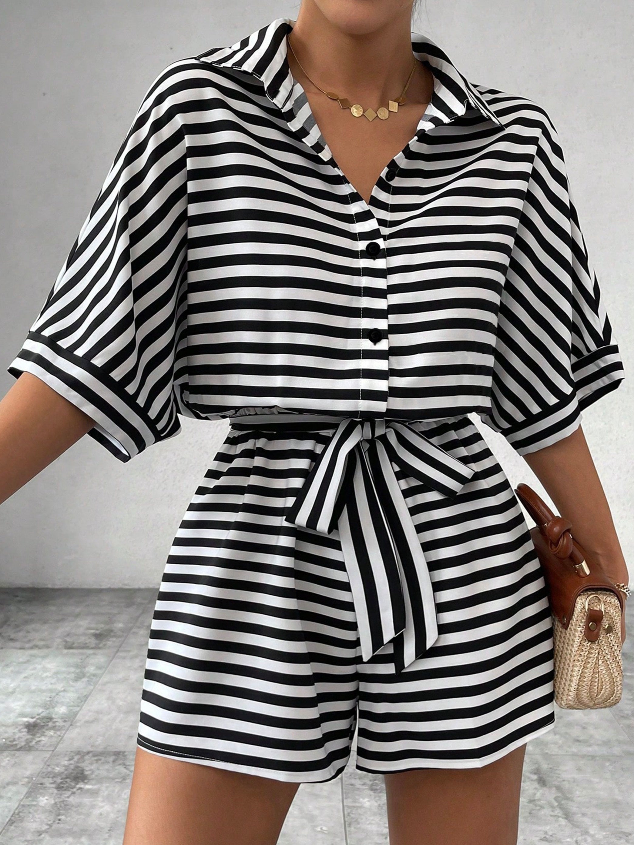 Women's Striped Button Front Romper Jumpsuit with Belt Short Sleeve Spring Summer