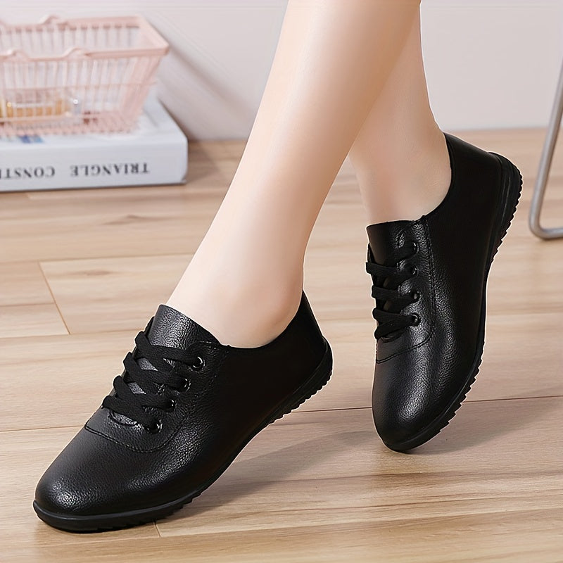 Zapatos planos de cuero sintético para mujer con cordones, ligeros y cómodos