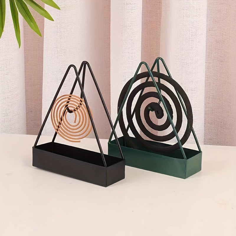Black Metal Mosquito Coil Holder with Triangular Design and Wooden Spiral Insert