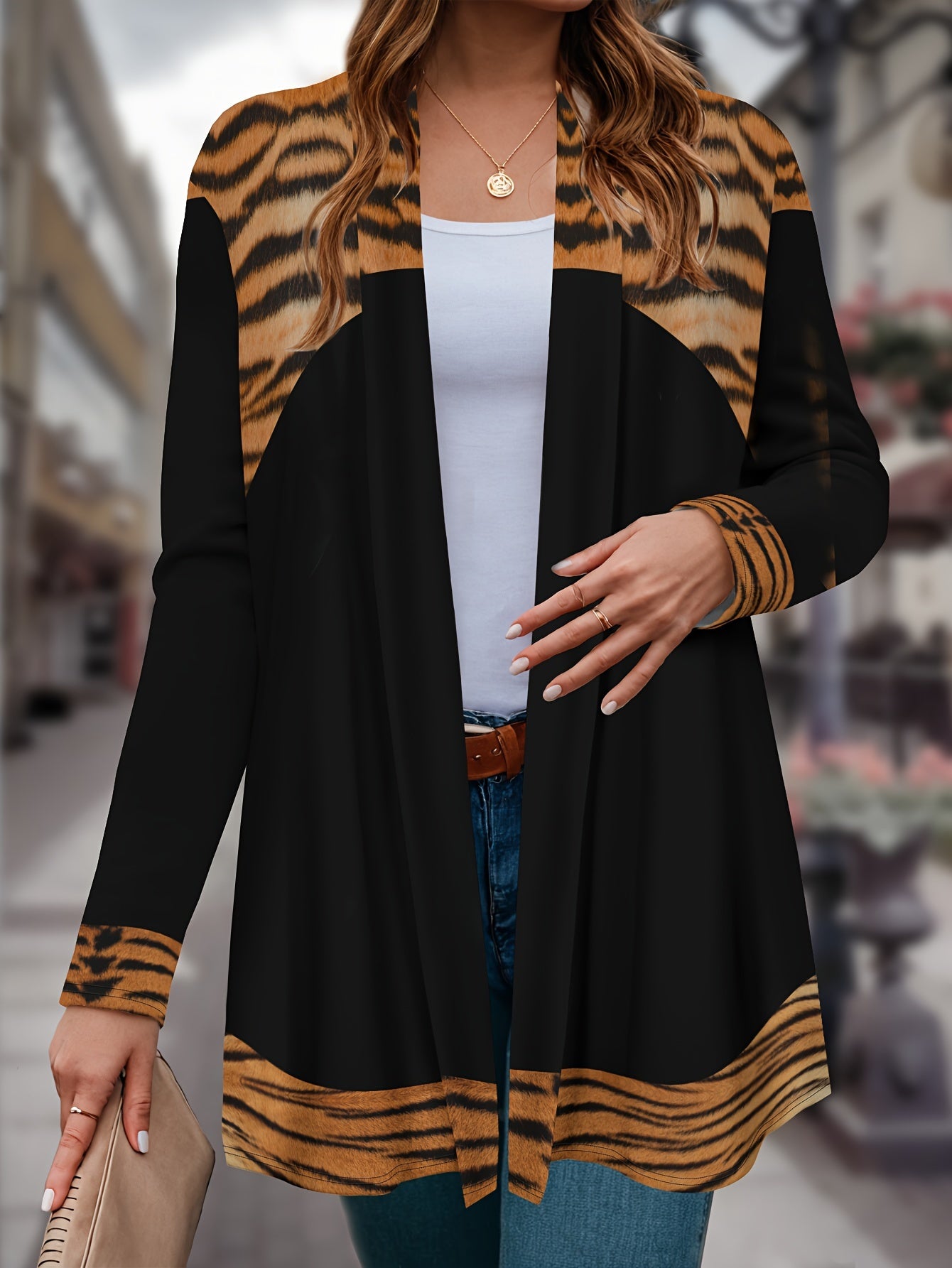 Plus Size Tiger Print Tunic Top Casual Open Front Long Sleeve Shirt for Spring Fall