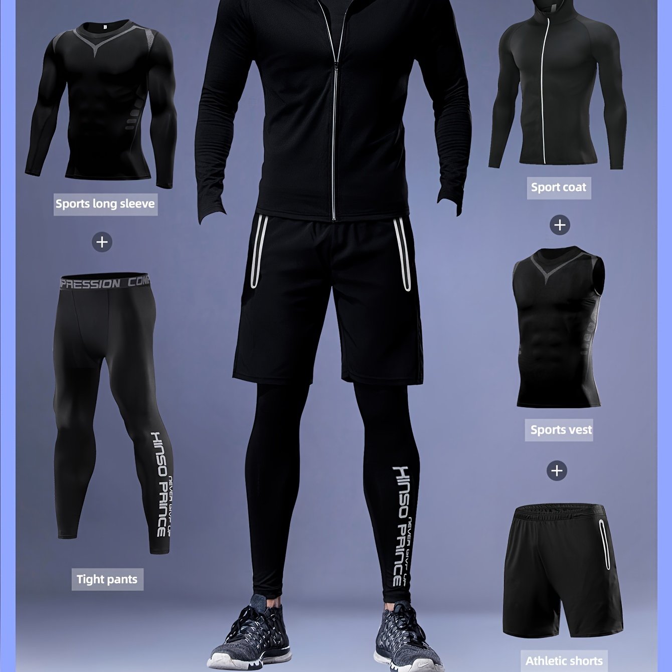 Men's Athletic Set Hooded Zip-Up Jacket Printed Sports Vest Compression Long Sleeve Top Shorts Leggings High Stretch Knit