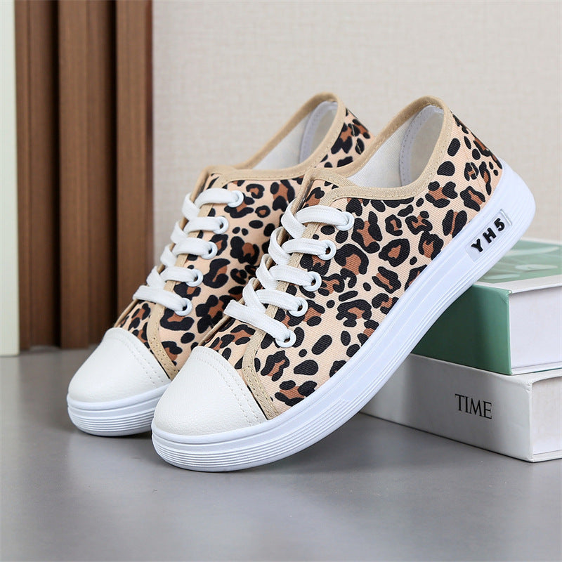 Women's Leopard Print Canvas Shoes Low-Top Flat Sneakers Casual Outdoor Athletic