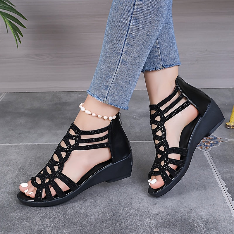 Women's Solid Color Wedge Sandals with Rhinestone Embellishments and Soft Soles