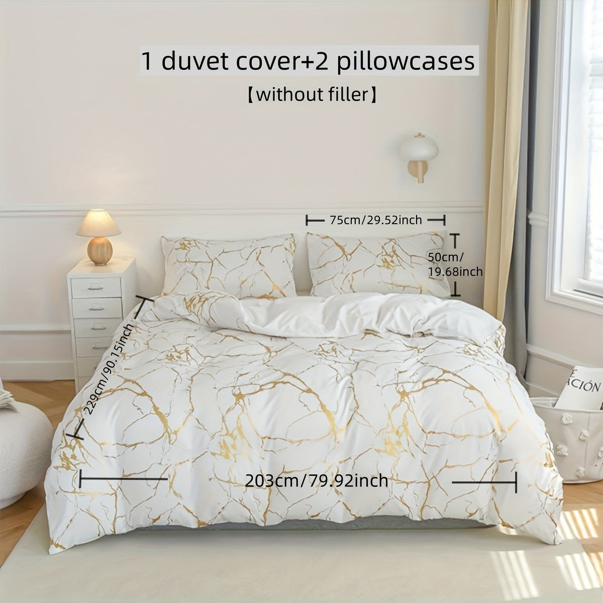 White Marble Pattern Quilt Cover Set with Gold Foil Print 2/3 Pieces Bedding