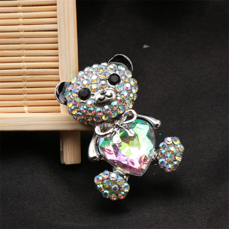 Elegant Alloy Teddy Bear Brooch with Heart-Shaped Sparkling Stone for Women
