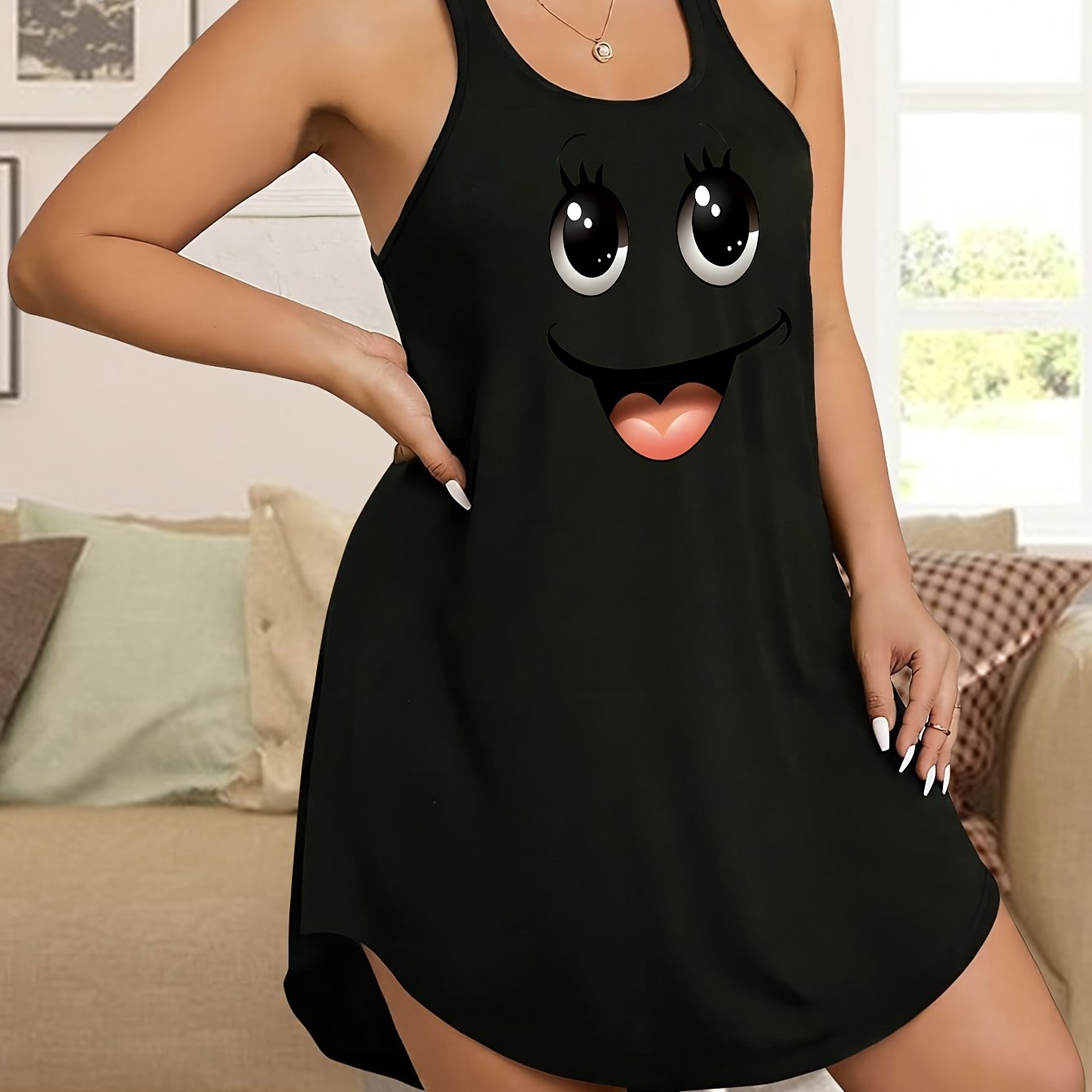 Plus Size Women's Sleepwear Nightgown Blue Face Print Casual Stretchy Sleep Dress