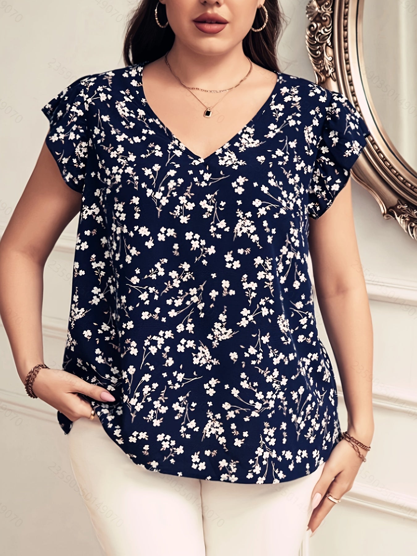 Plus Size Women's Printed Shirt Casual Short Sleeve Top Black 1X