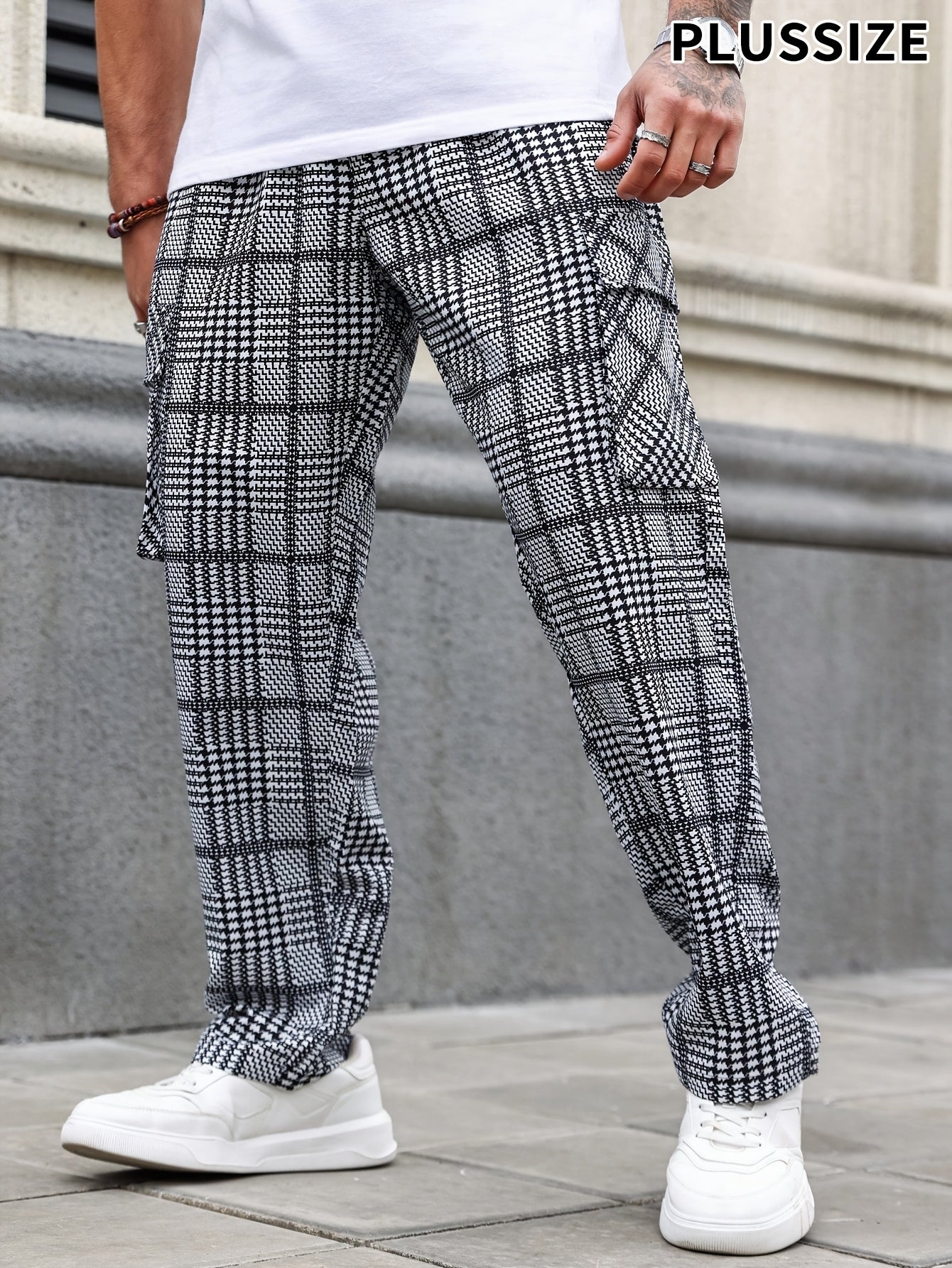 Men's Plus Size Casual Straight Leg Pants Striped Polyester Loose Fit Street Style