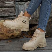 Women's Ankle Boots Solid Color Lace-Up Flat Heel Fleece Lined Winter