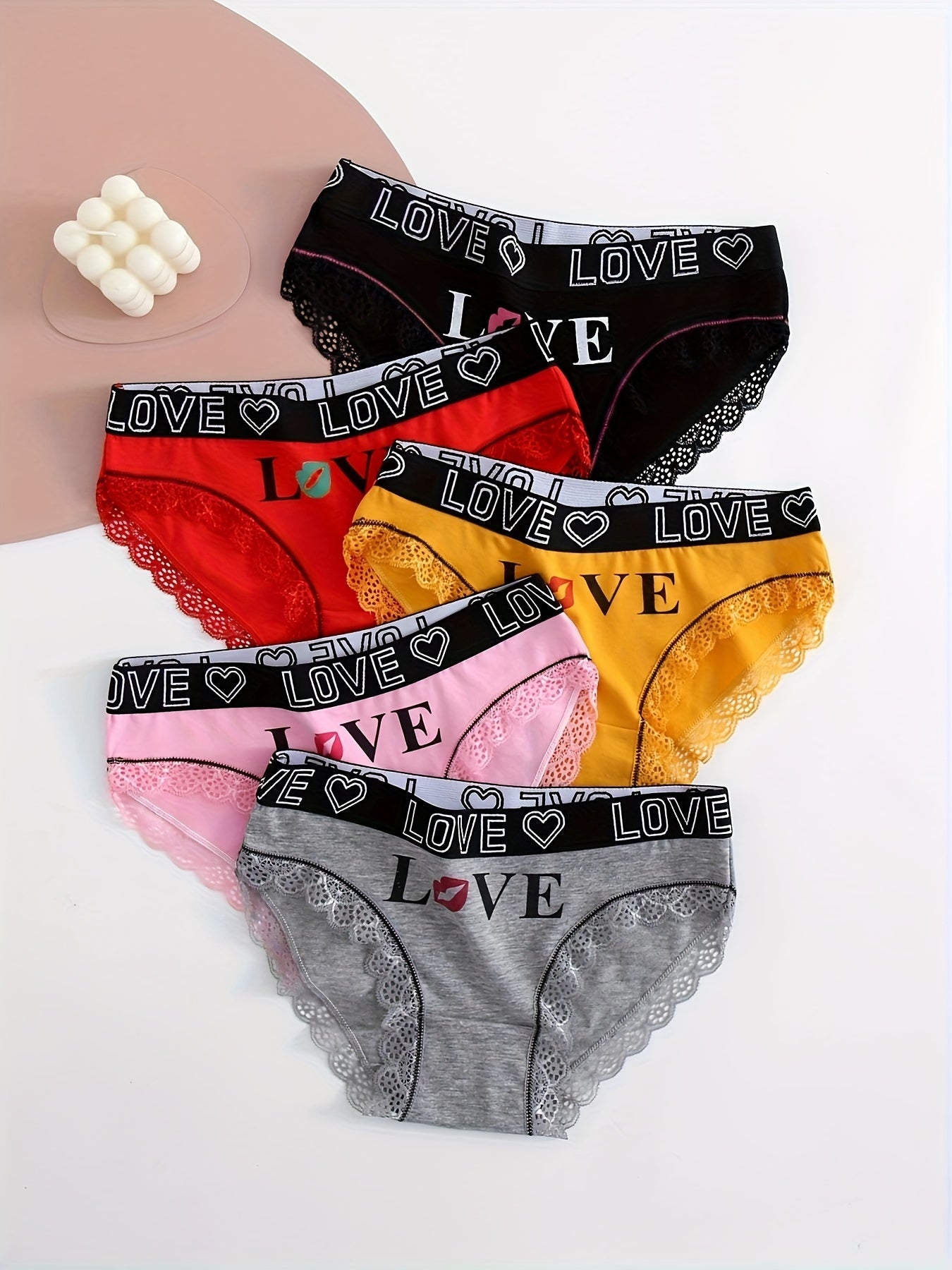 Women's Cotton Briefs Set 5 Pieces Lace Letter Print Scallop Trim Underwear