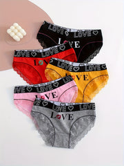 Women's Cotton Briefs Set 5 Pieces Lace Letter Print Scallop Trim Underwear