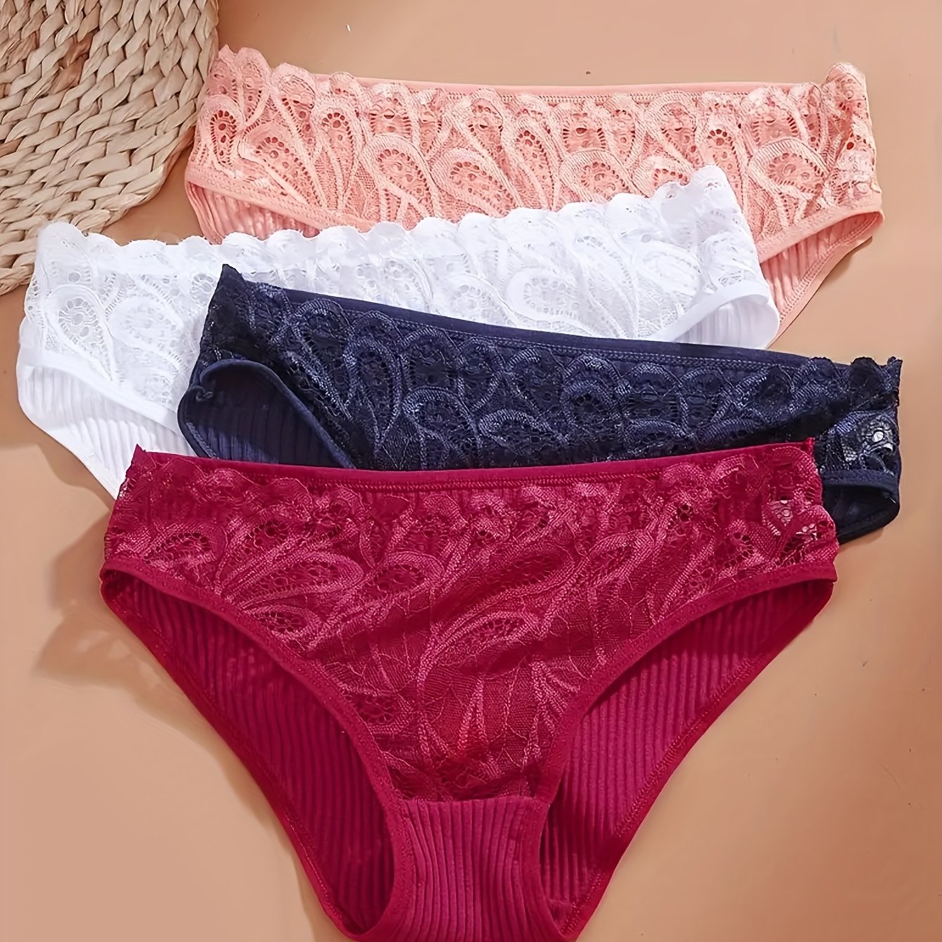 Set of 4 Lace Triangle Briefs for Women Breathable Comfortable Solid Color Autumn Winter