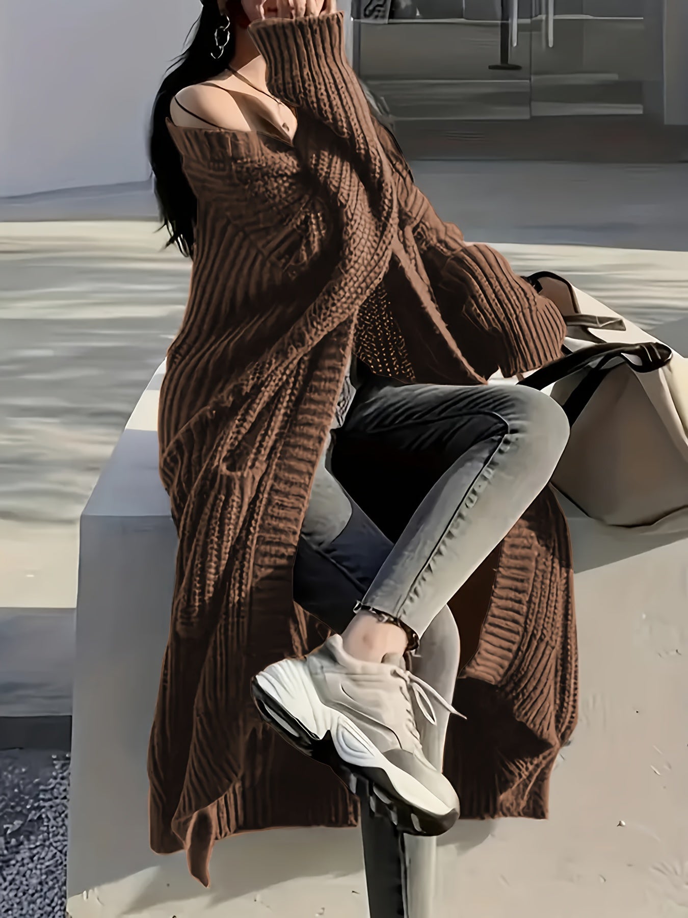 Women's Plus Size Long Knit Cardigan with Pockets V-Neck Open Front Fall Winter