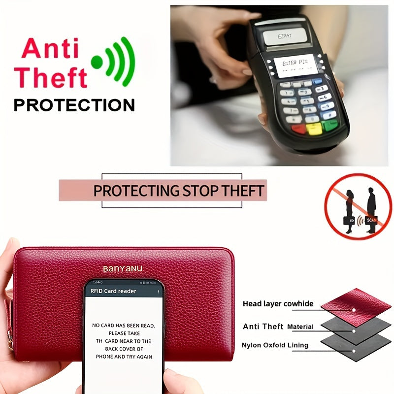 Women's Genuine Leather Wallet with Wristlet Burgundy Large Capacity Double Zip RFID Blocking