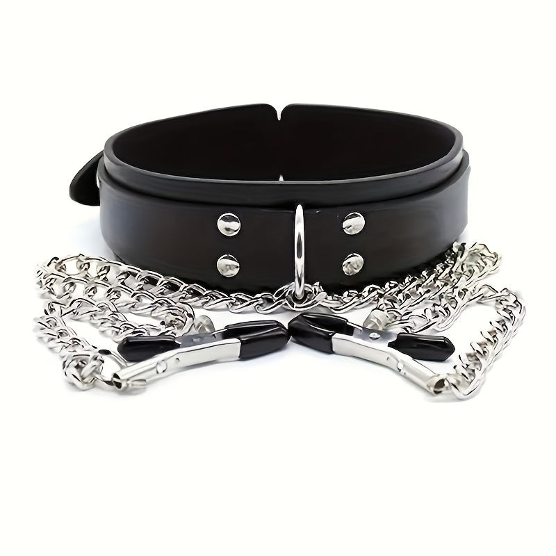 Adult Female Leather BDSM Choker with Adjustable Nipple Clamps 52cm