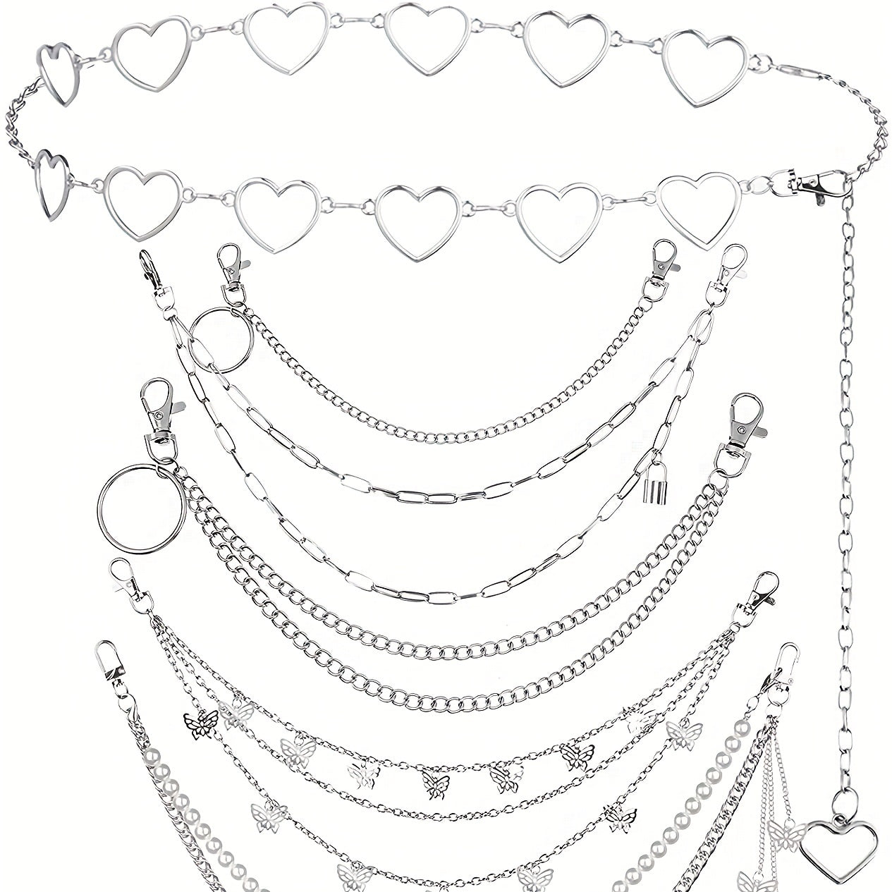 Pantalones de mezclilla punk para hombres y mujeres con cadena en la cintura y cadenas de múltiples capas de hip-hop