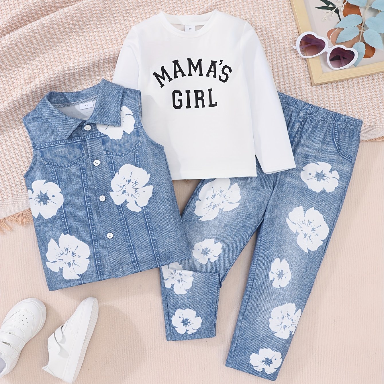 Girls' Casual Outfit with Denim Vest, Floral Jeans and Long Sleeve Tee for Spring Fall